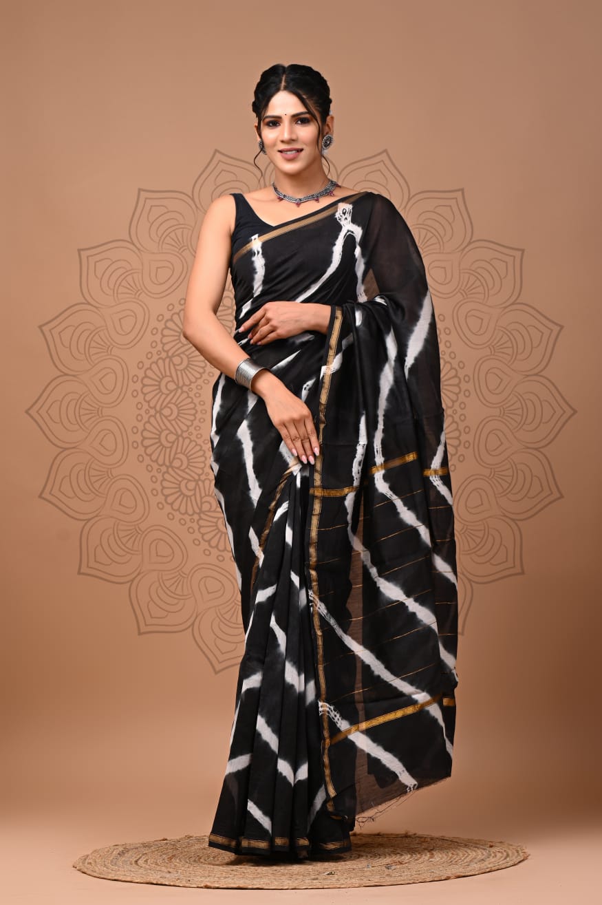 PJNV25A306 Black Pure Hand Block Printed Chanderi Silk Saree