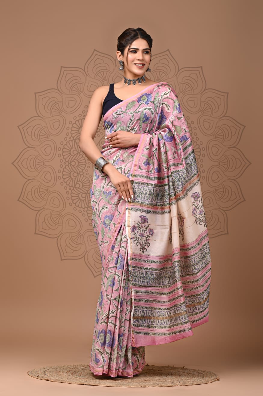 PJNV25A308 Pastel Pink Pure Hand Block Printed Chanderi Silk Saree