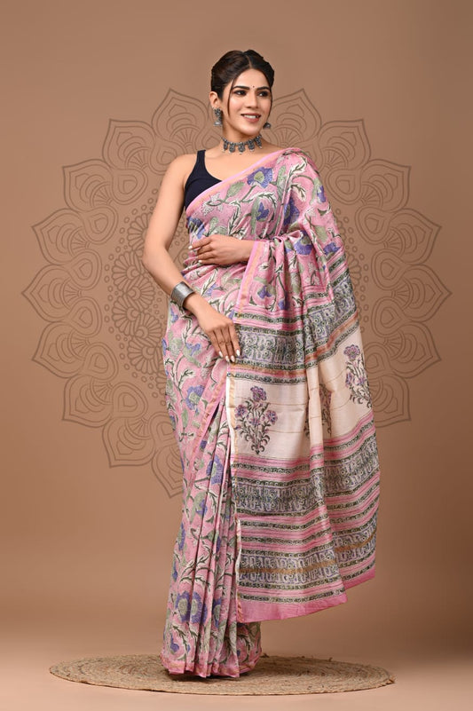PJNV25A308 Pastel Pink Pure Hand Block Printed Chanderi Silk Saree