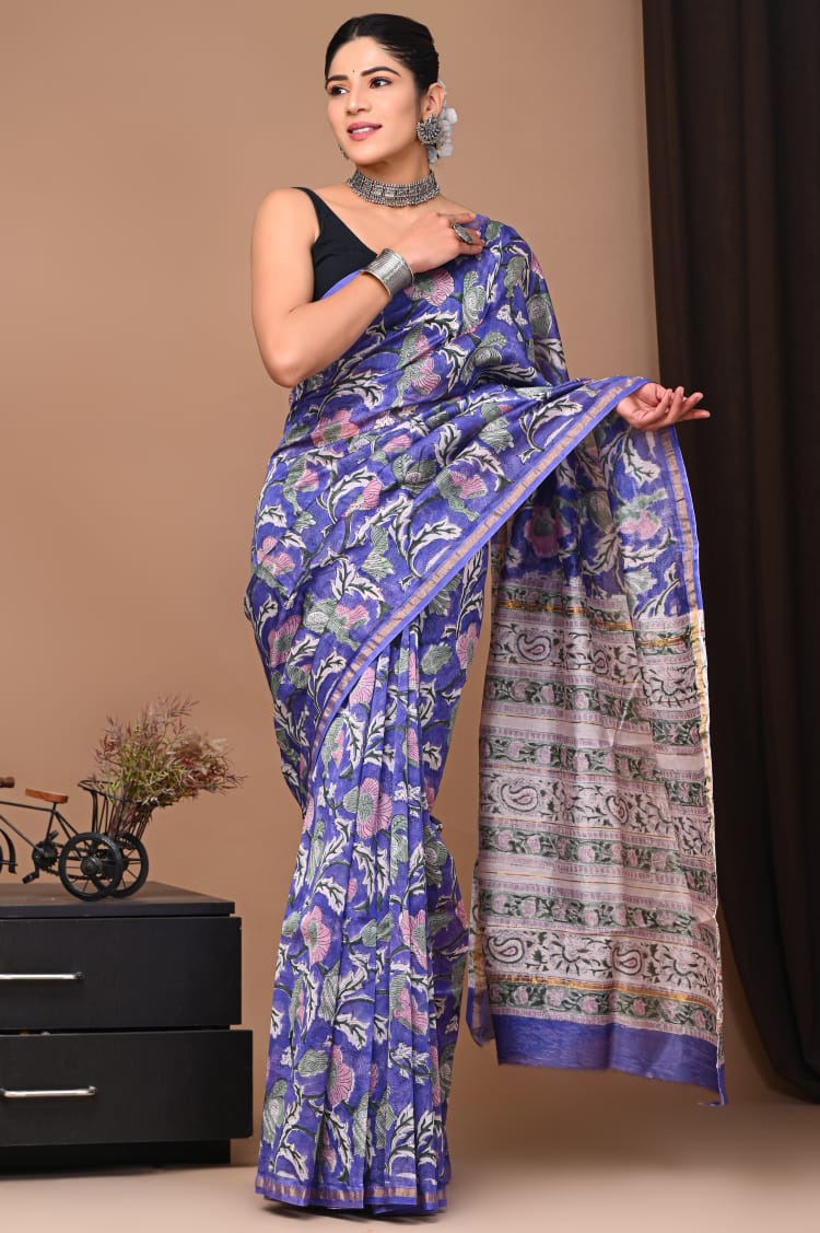 PJNV25A310 Royal Blue Pure Hand Block Printed Chanderi Silk Saree