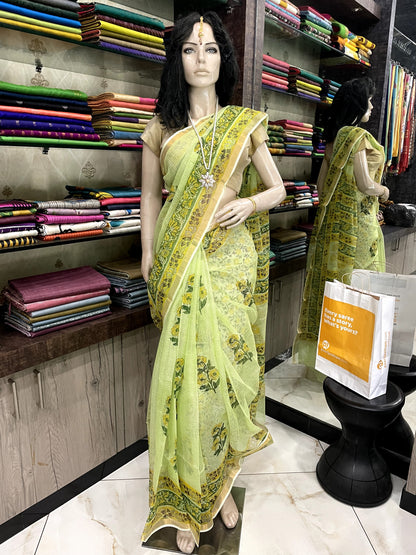 SP23A029 Limegreen Yellow Block Printed Kota Doria Saree