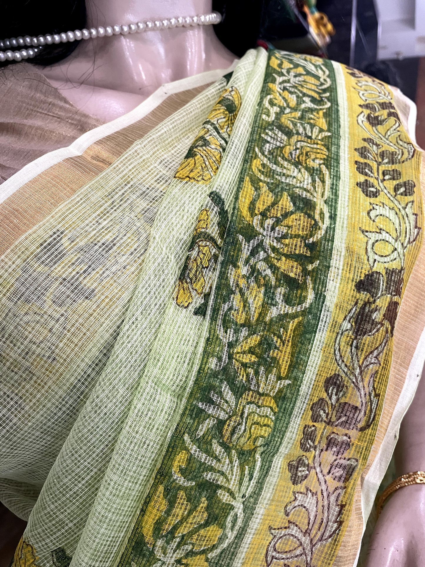 SP23A029 Limegreen Yellow Block Printed Kota Doria Saree