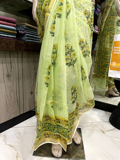 SP23A029 Limegreen Yellow Block Printed Kota Doria Saree