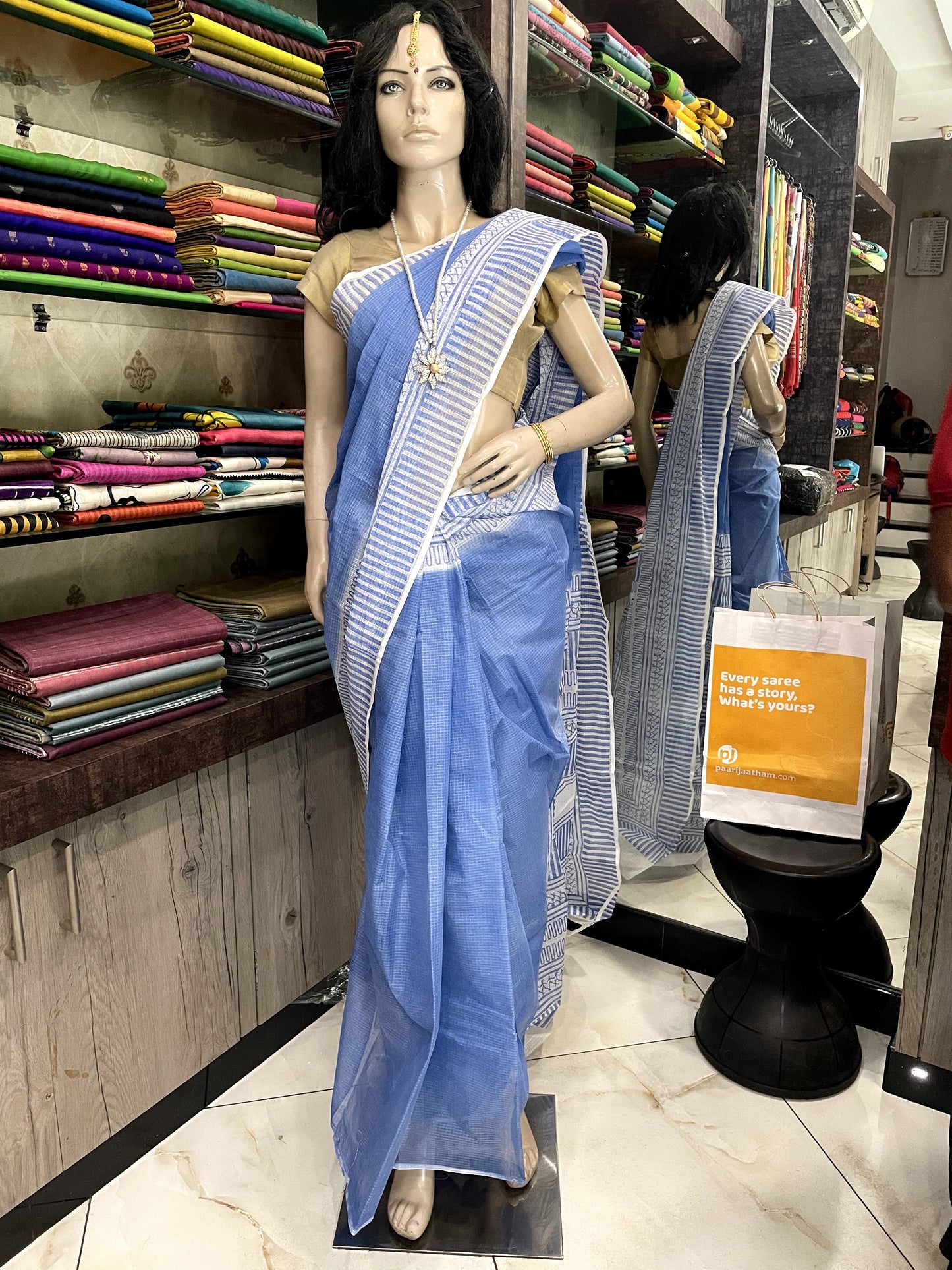 SP23A031 Blue White Block Printed Kota Doria Saree