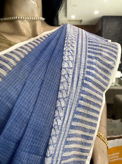 SP23A031 Blue White Block Printed Kota Doria Saree