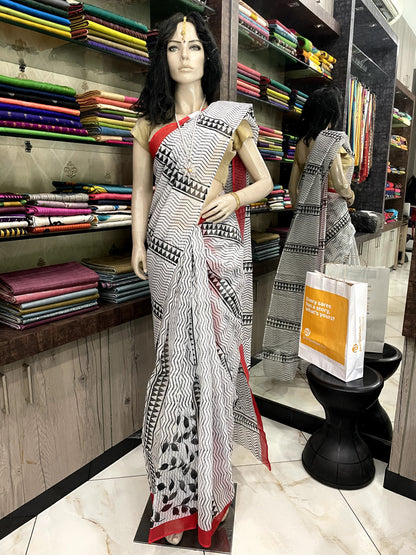 SP24A113 White Black Block Printed Kota Doria Saree