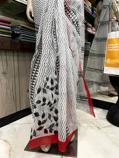 SP24A113 White Black Block Printed Kota Doria Saree