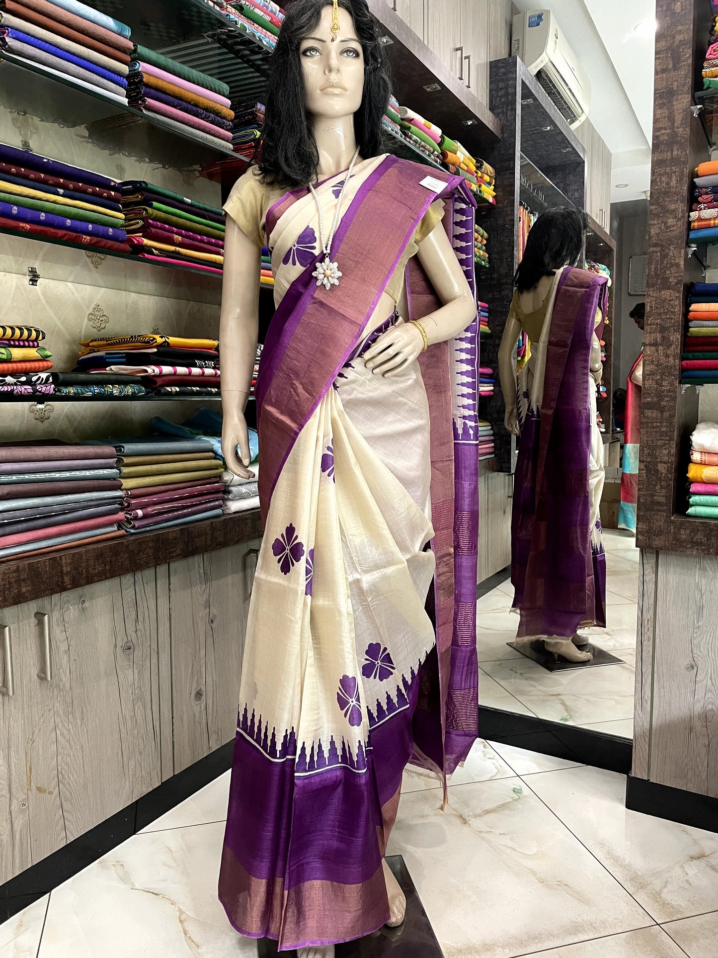 SP24A114 White Purple Pure Block Print Tussar Silk Saree