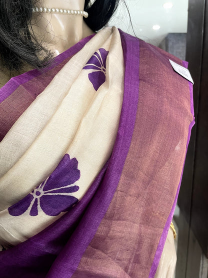 SP24A114 White Purple Pure Block Print Tussar Silk Saree