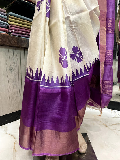 SP24A114 White Purple Pure Block Print Tussar Silk Saree