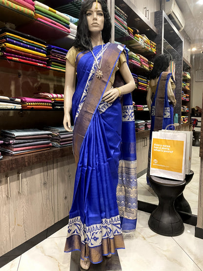 SP24A118 Blue White Pure Block Print Tussar Silk Saree