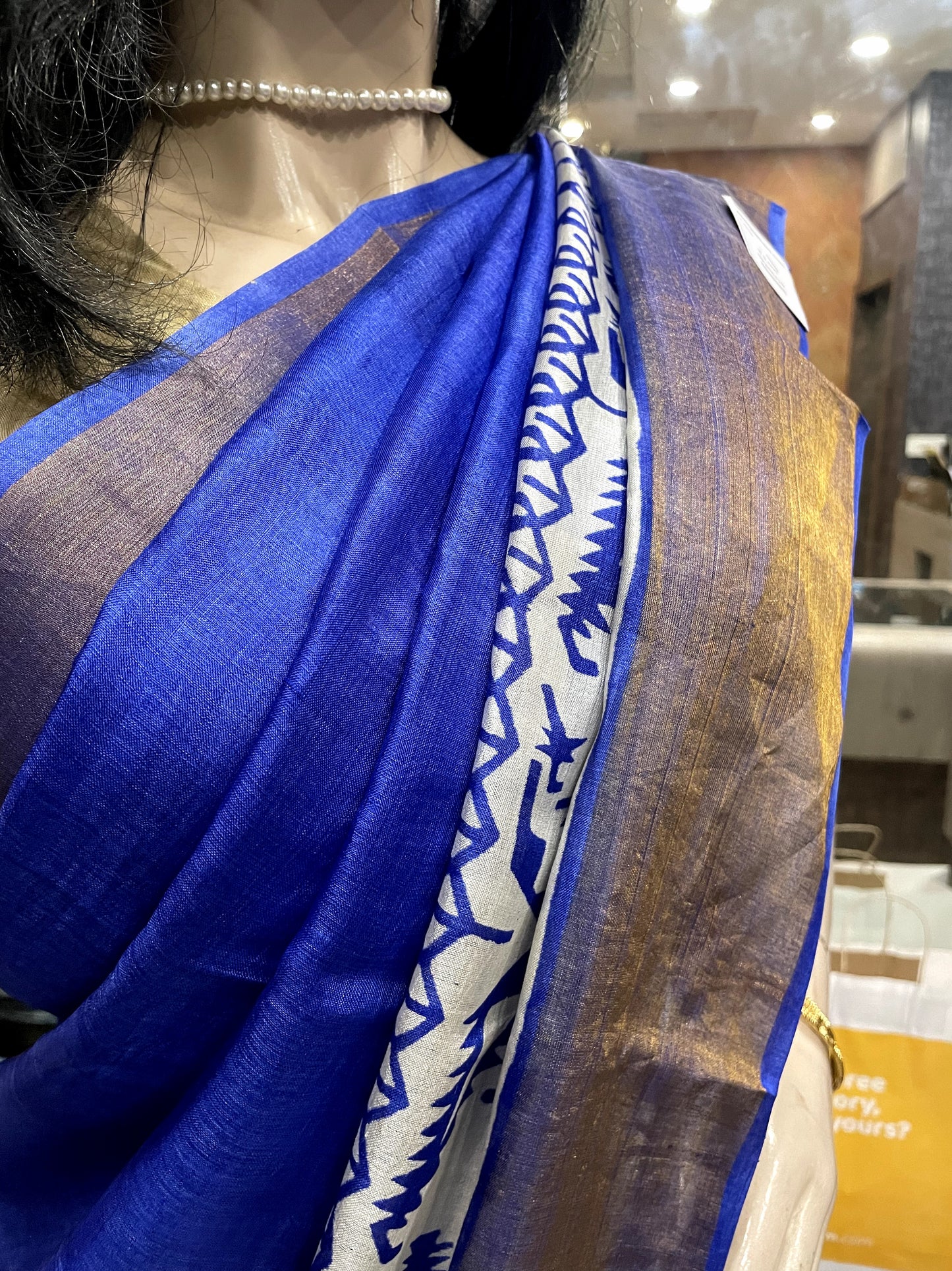 SP24A118 Blue White Pure Block Print Tussar Silk Saree