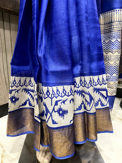 SP24A118 Blue White Pure Block Print Tussar Silk Saree