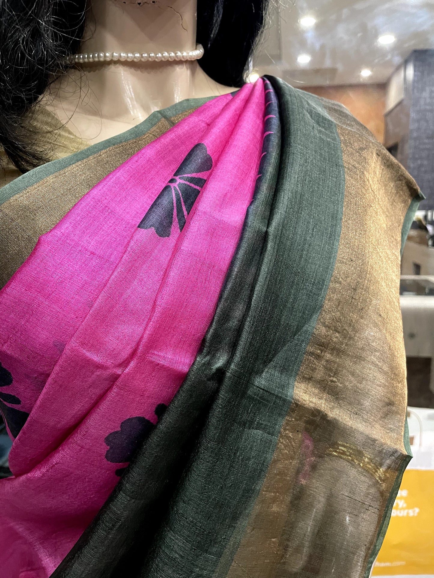 SP24A119 Rose Green Pure Block Print Tussar Silk Saree