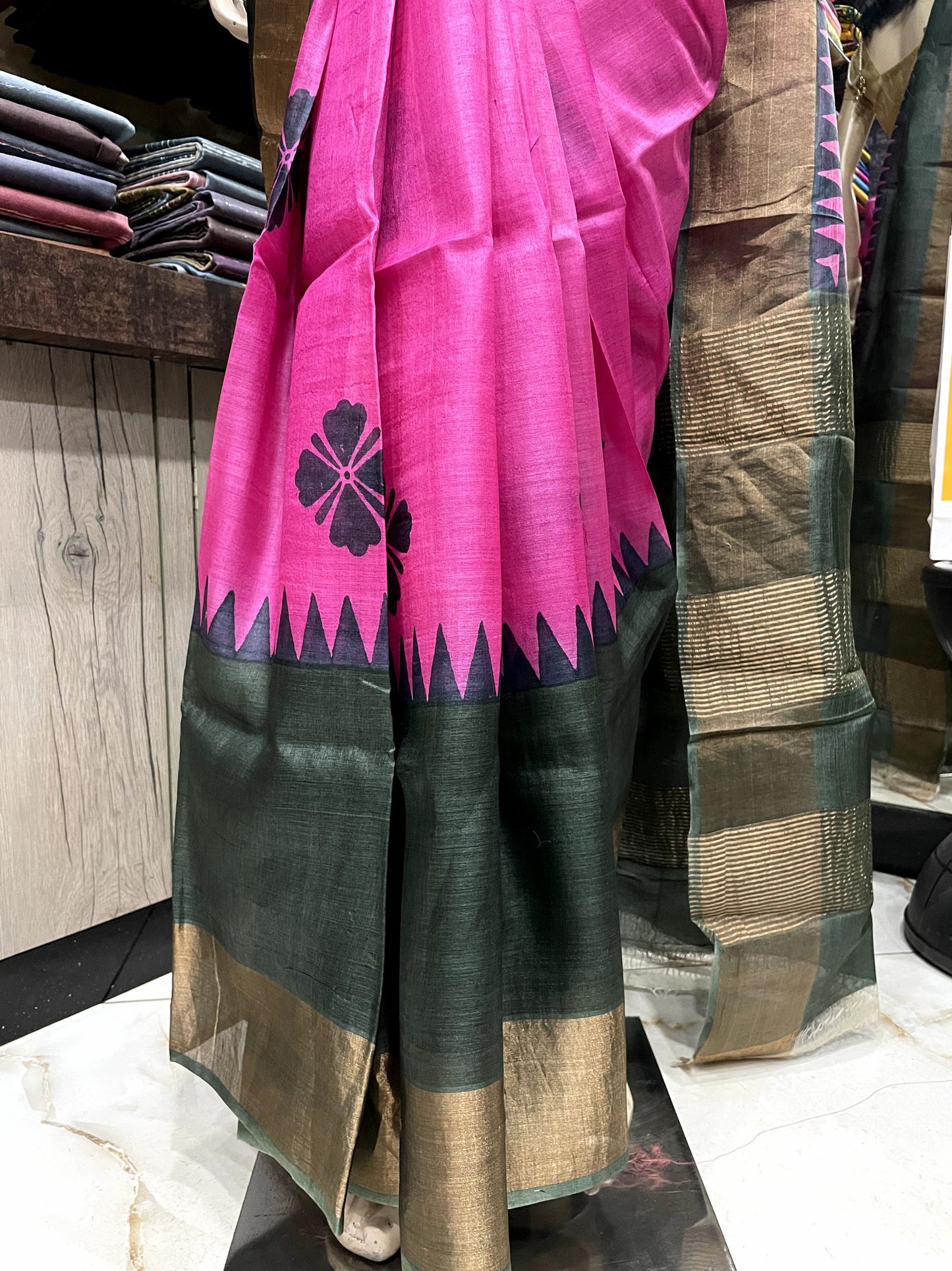 SP24A119 Rose Green Pure Block Print Tussar Silk Saree