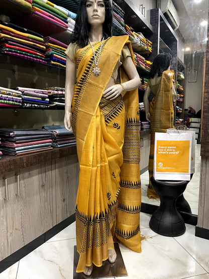 SP24A121 Yellow Black Pure Block Print Tussar Silk Saree