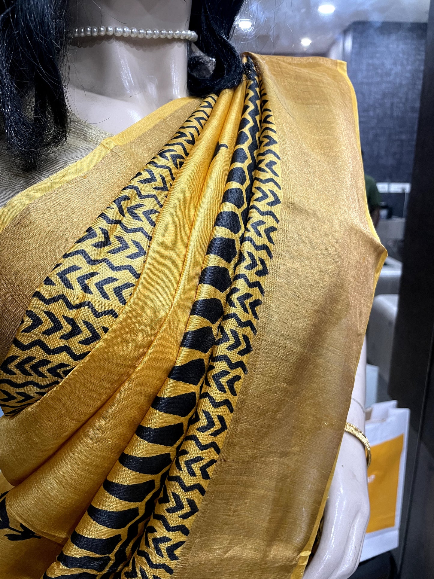 SP24A121 Yellow Black Pure Block Print Tussar Silk Saree