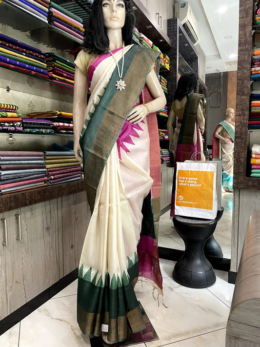 SP24A123 White Green Pure Block Print Tussar Silk Saree