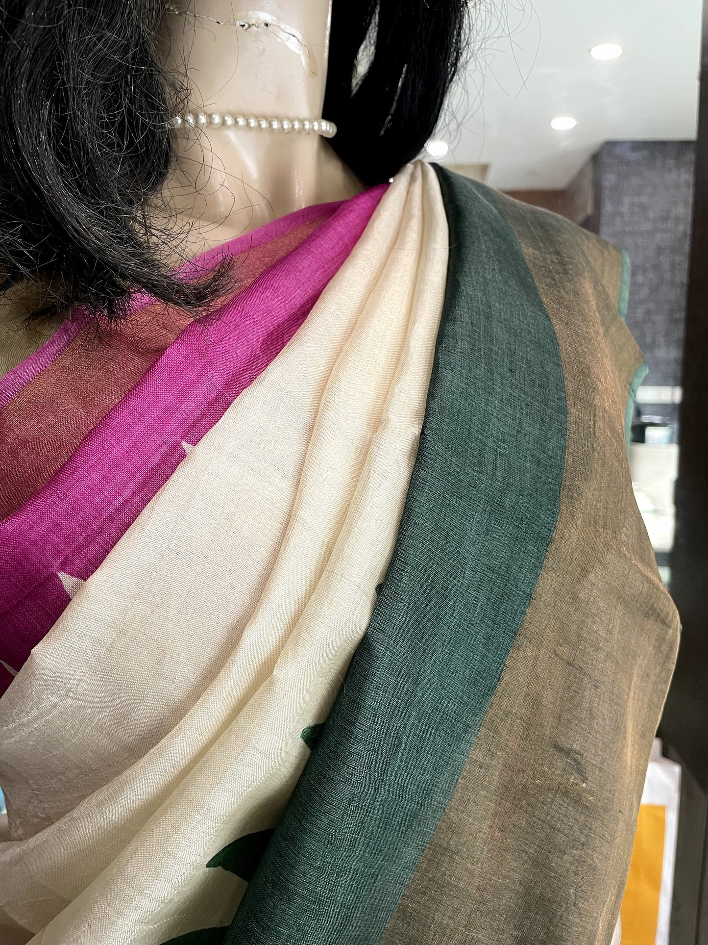 SP24A123 White Green Pure Block Print Tussar Silk Saree