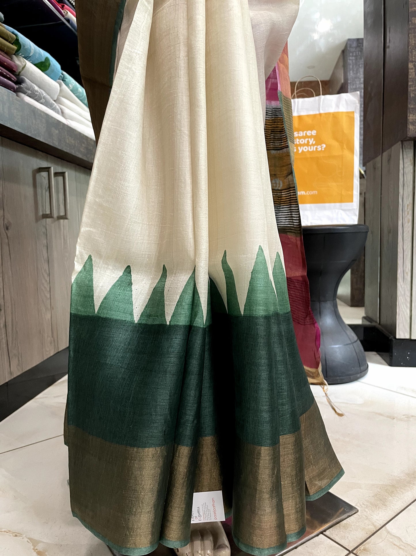 SP24A123 White Green Pure Block Print Tussar Silk Saree