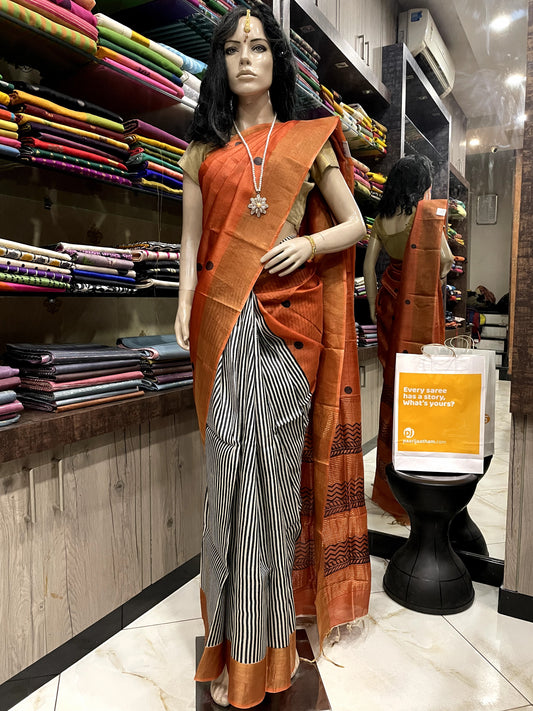 SP24A126 Orange Black Pure Block Print Tussar Silk Saree