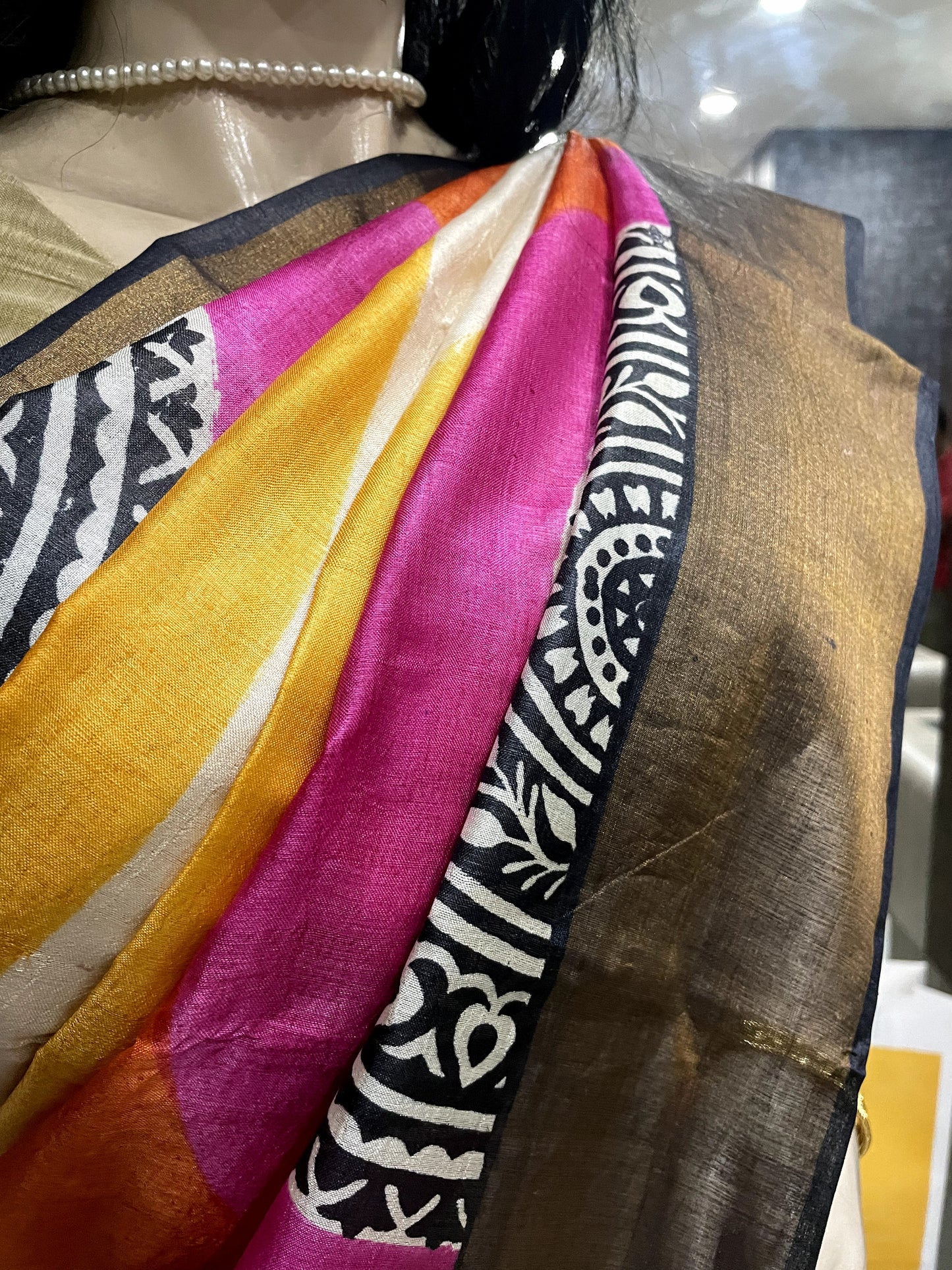 SP24A127 Cream Black Pure Block Print Tussar Silk Saree