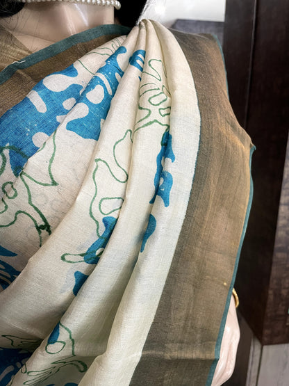 SP24A128 White Blue Pure Block Print Tussar Silk Saree