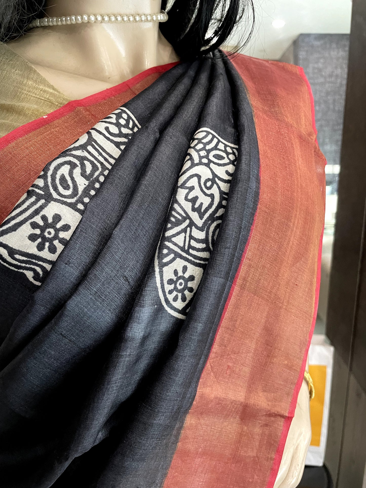 SP24A129 Black Red Pure Block Print Tussar Silk Saree