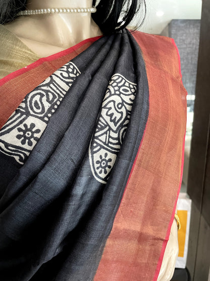 SP24A129 Black Red Pure Block Print Tussar Silk Saree