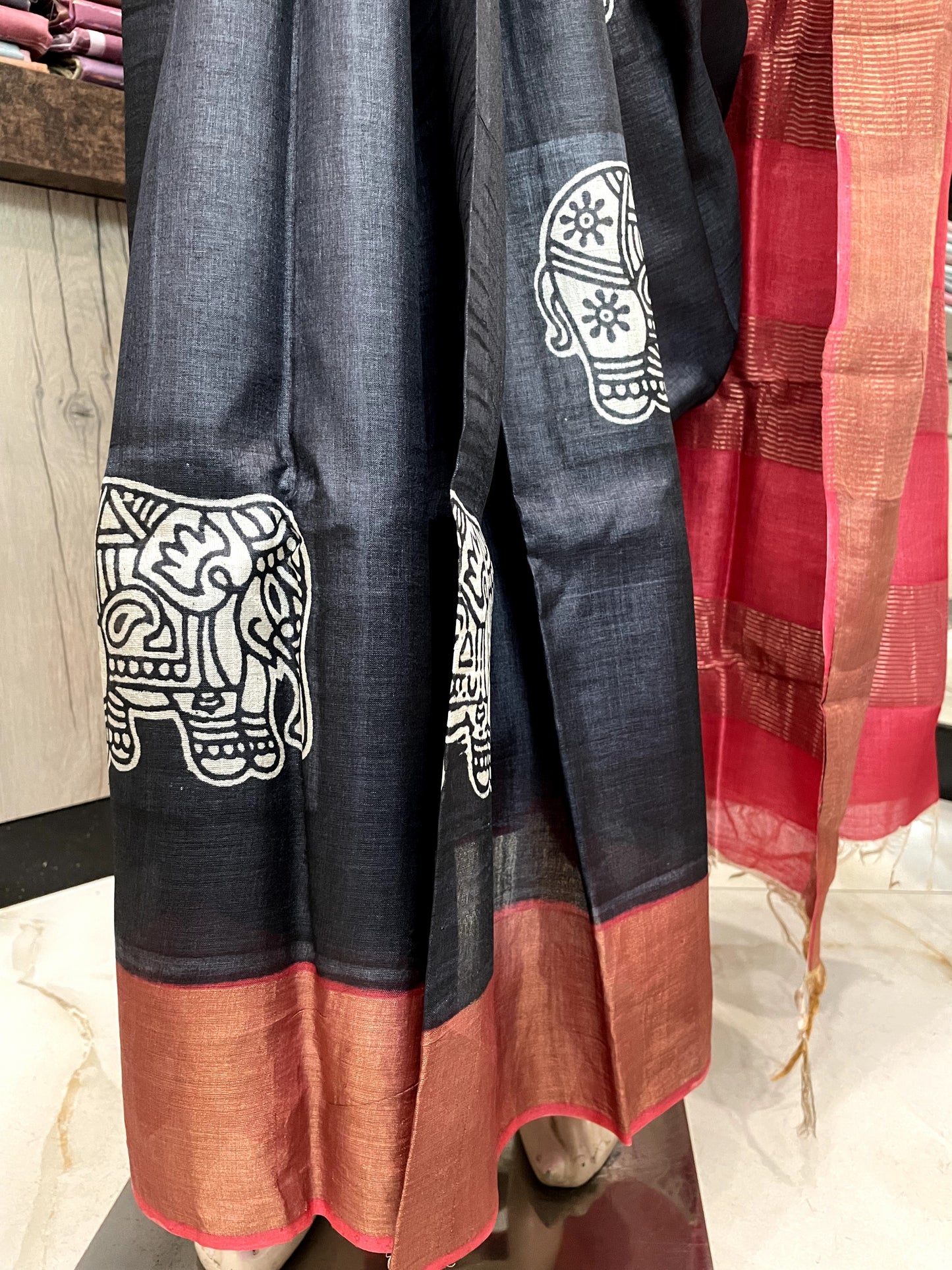 SP24A129 Black Red Pure Block Print Tussar Silk Saree