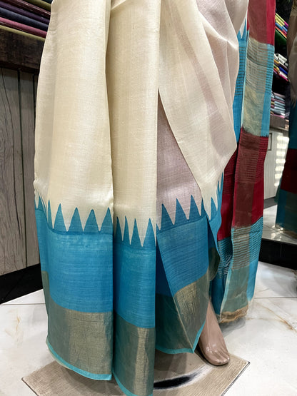 SP24A130 White Blue Pure Block Print Tussar Silk Saree