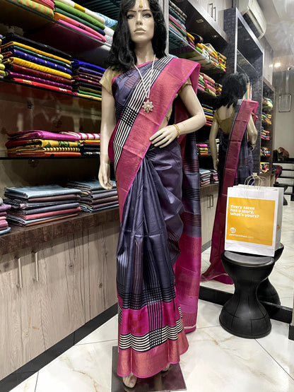 SP24A131 Purple Rose Pure Block Print Tussar Silk Saree