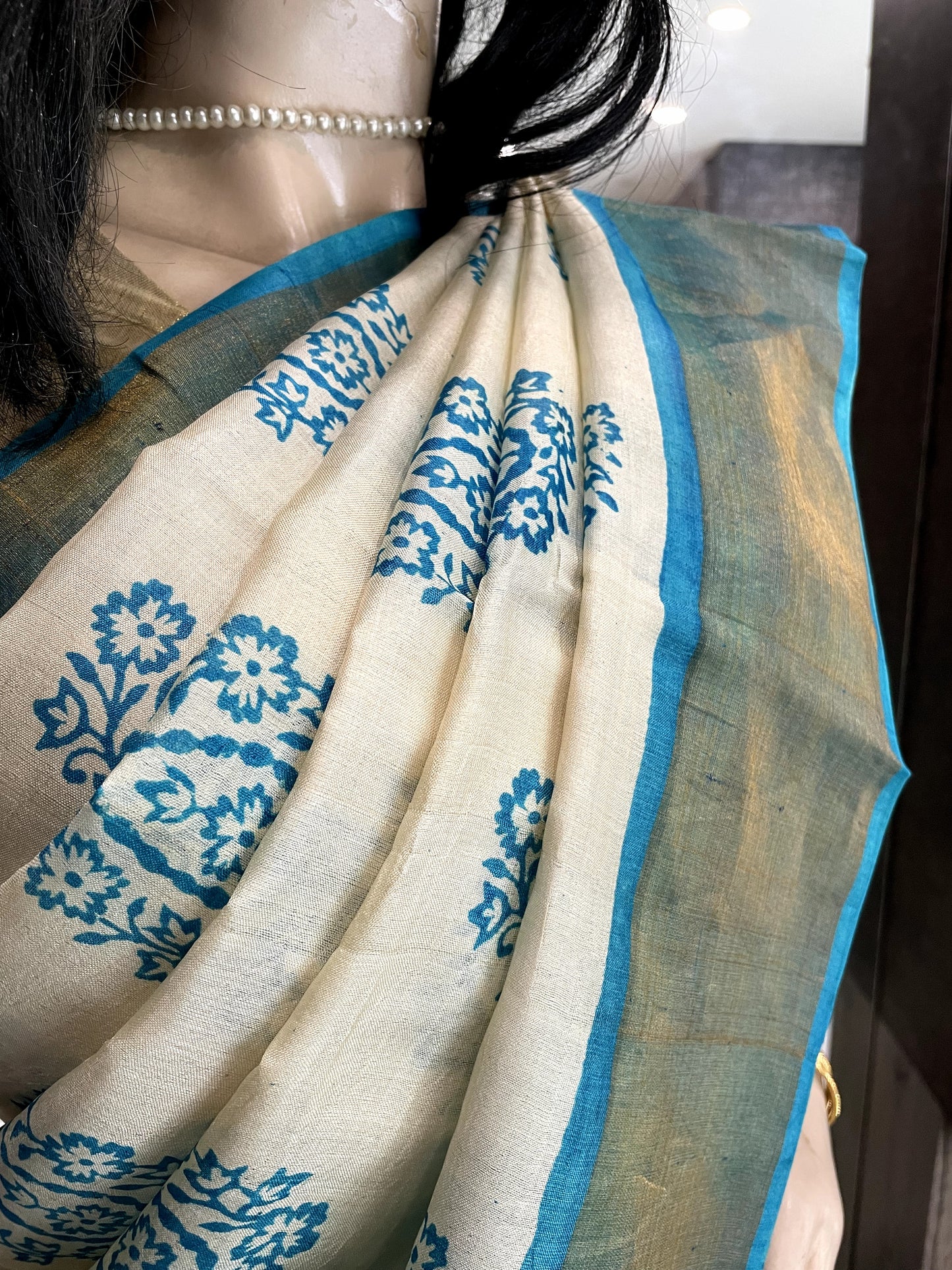 SP24A132 White Blue Pure Block Print Tussar Silk Saree