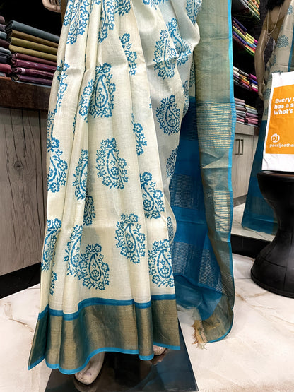 SP24A132 White Blue Pure Block Print Tussar Silk Saree