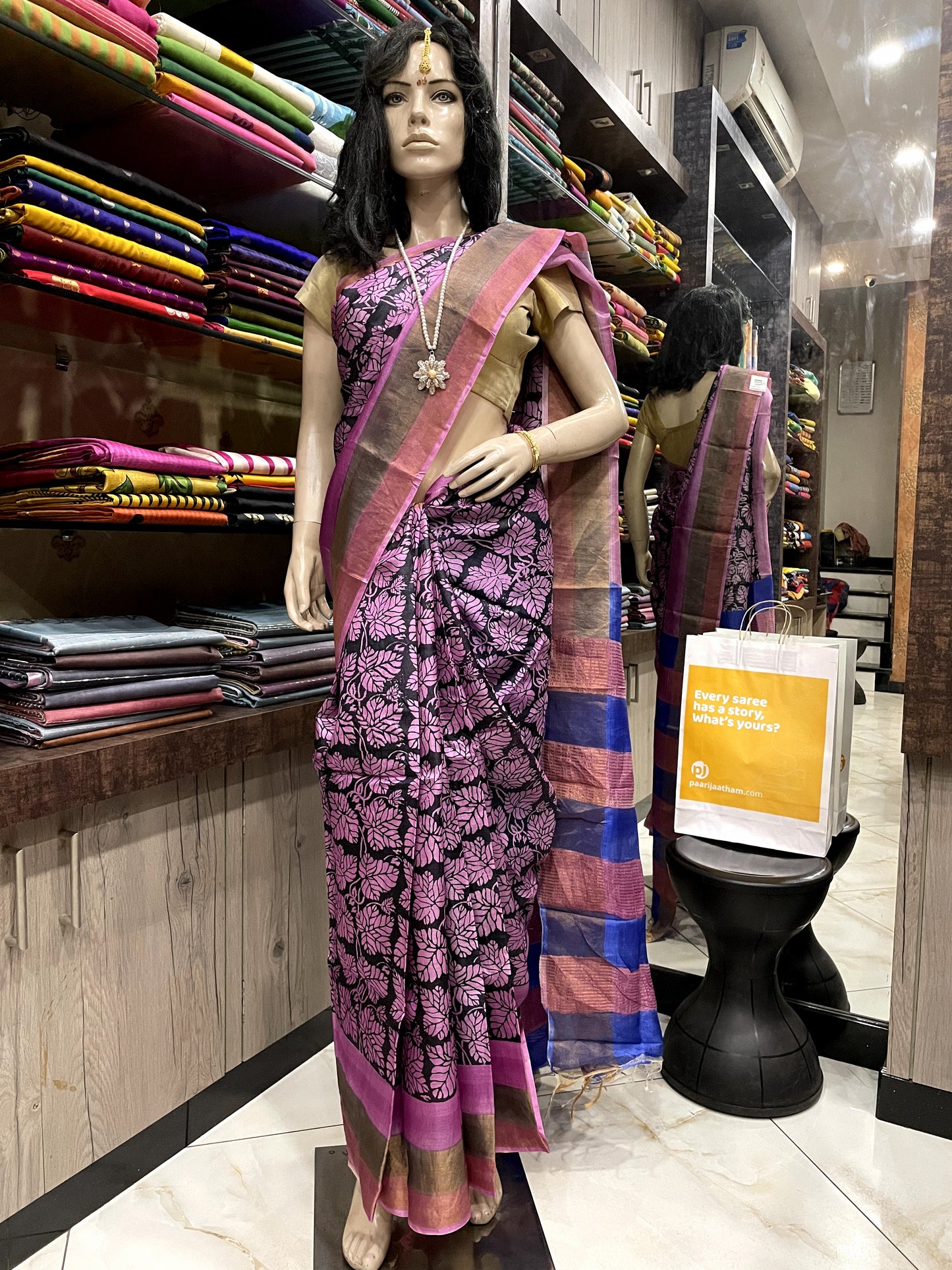 SP24A134 Pink Black Pure Block Print Tussar Silk Saree