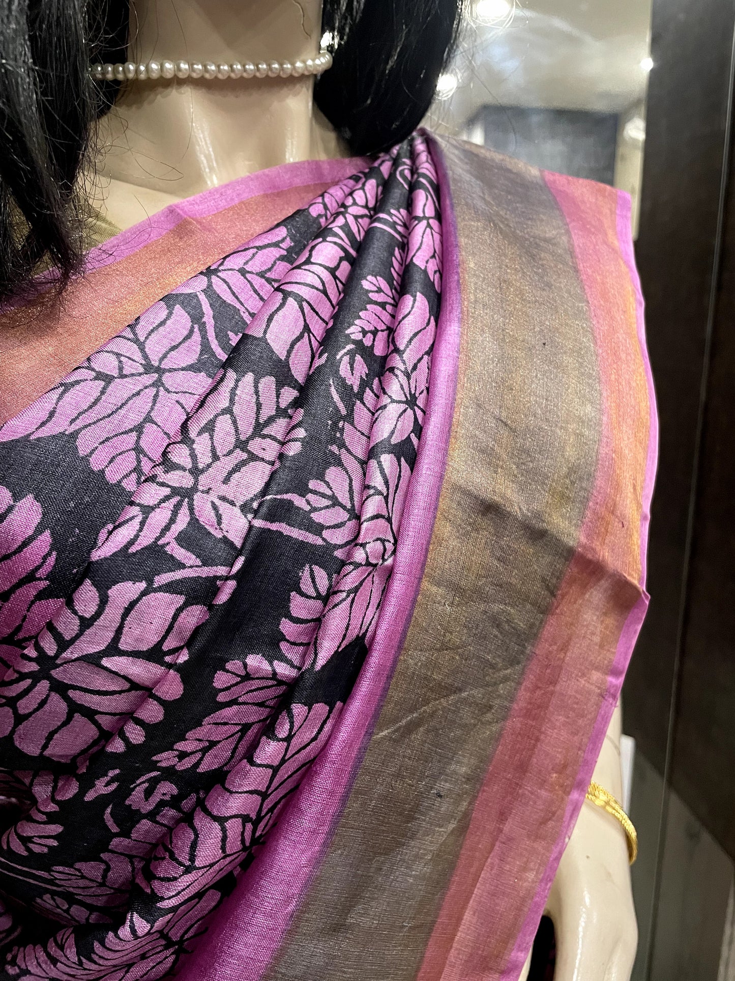 SP24A134 Pink Black Pure Block Print Tussar Silk Saree