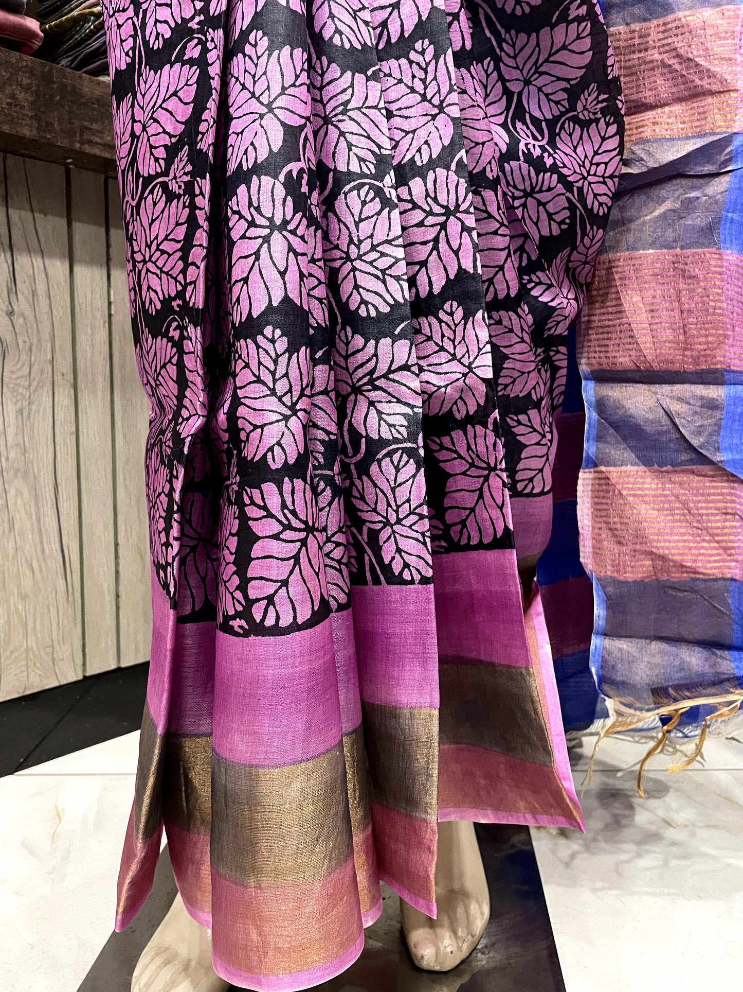 SP24A134 Pink Black Pure Block Print Tussar Silk Saree