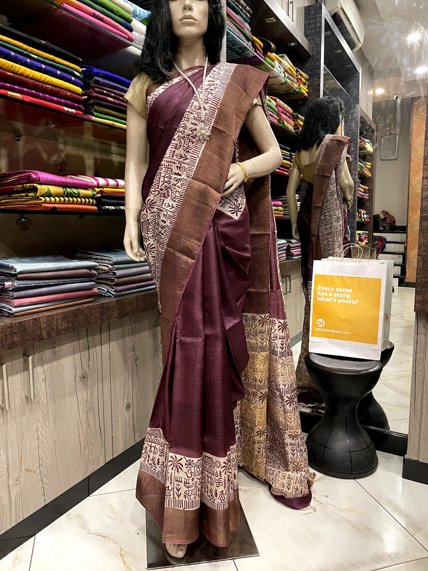 SP24A137 Brown White Pure Block Print Tussar Silk Saree