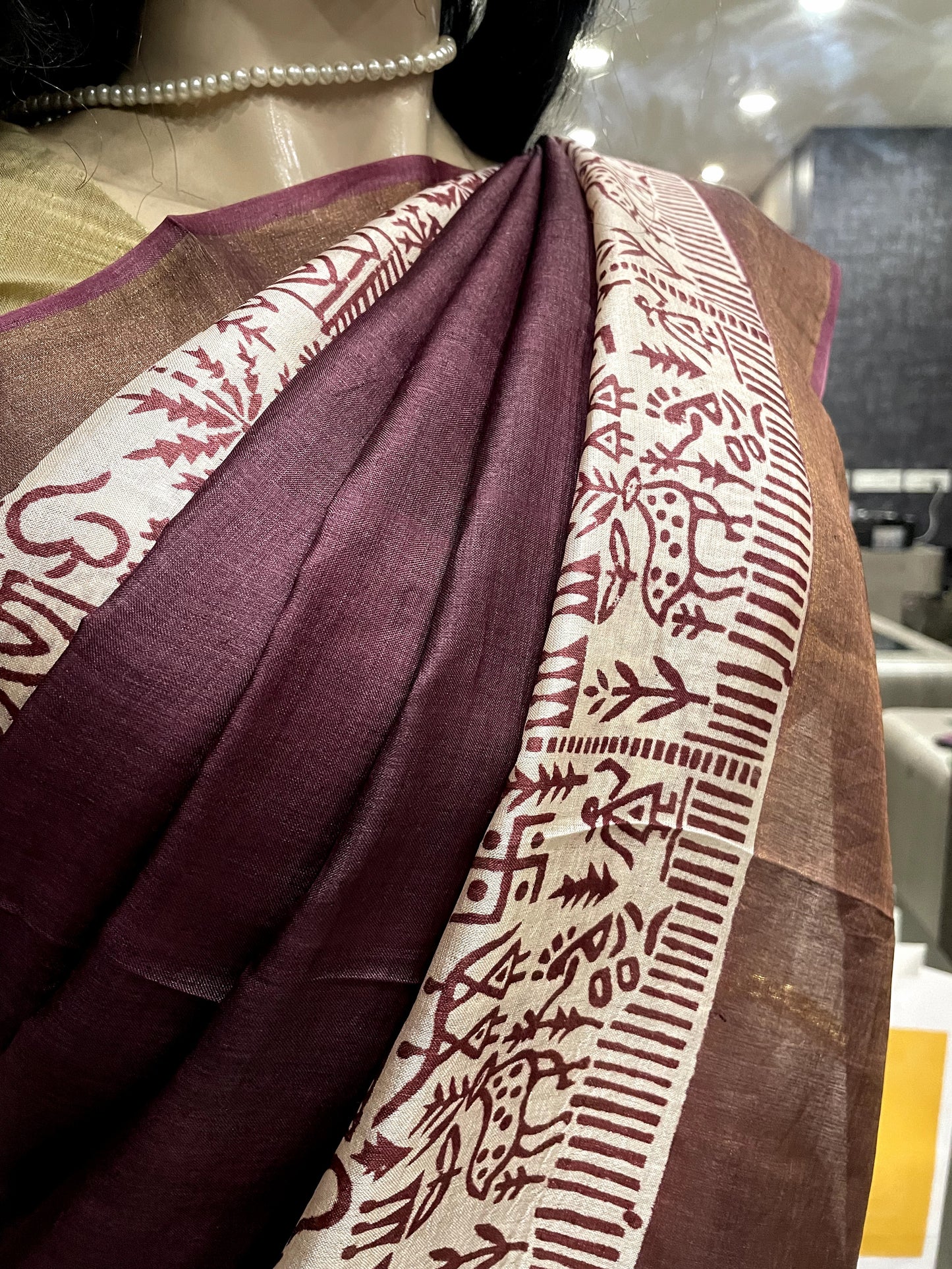 SP24A137 Brown White Pure Block Print Tussar Silk Saree