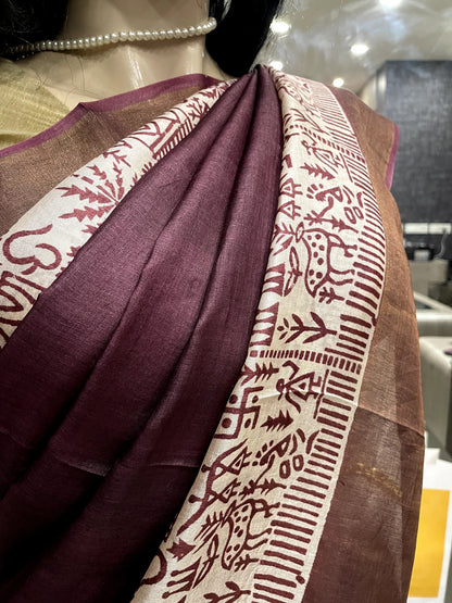 SP24A137 Brown White Pure Block Print Tussar Silk Saree