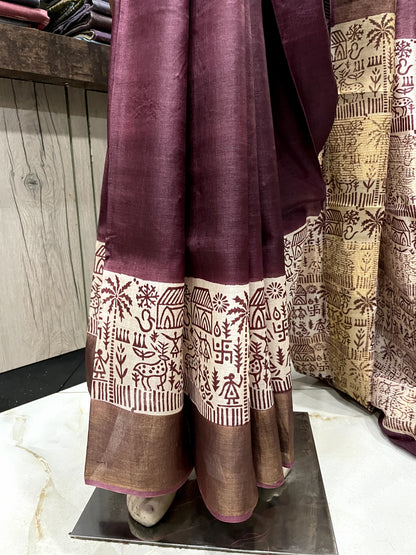 SP24A137 Brown White Pure Block Print Tussar Silk Saree