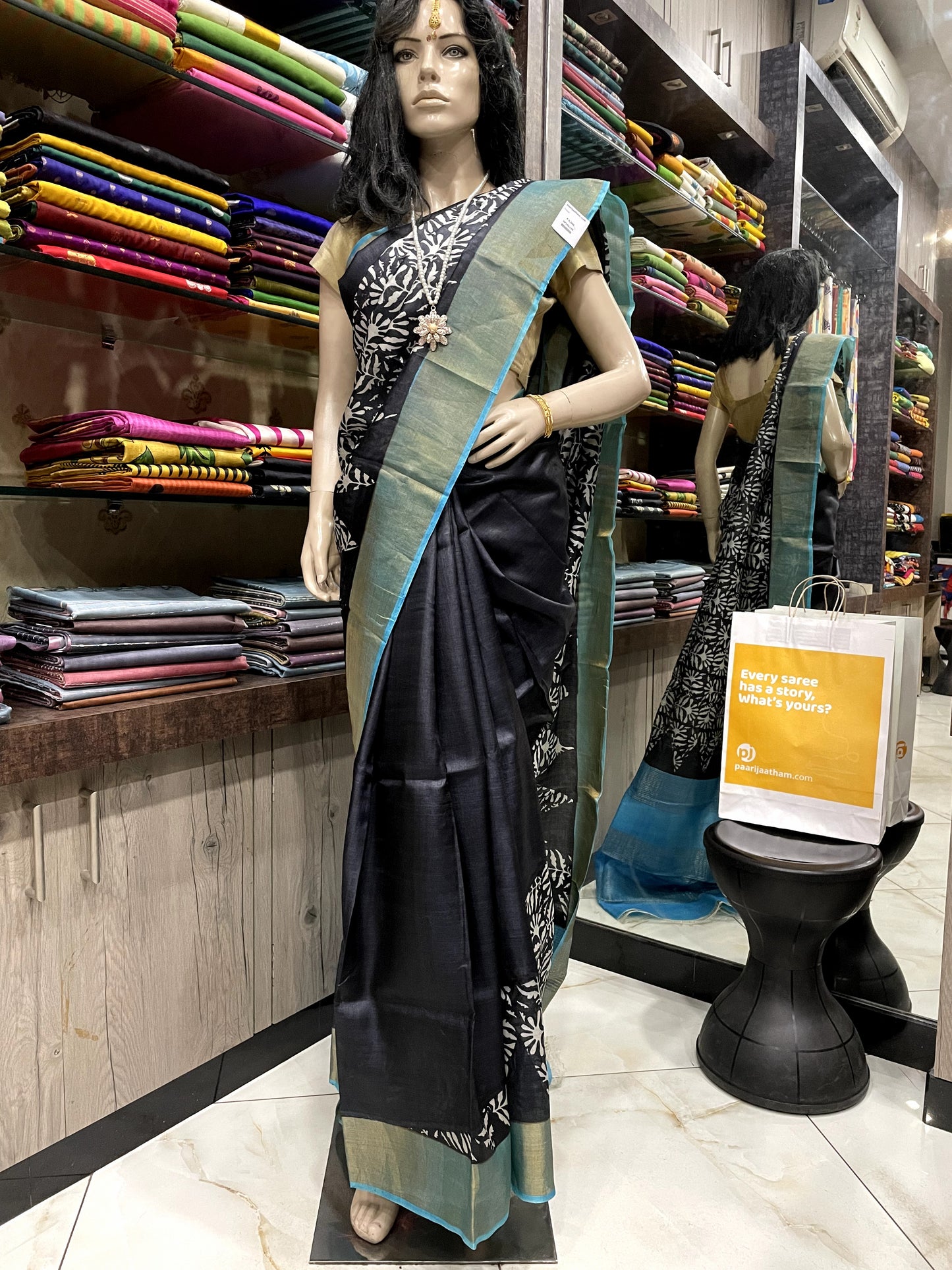 SP24A139 Black Blue Pure Block Print Tussar Silk Saree