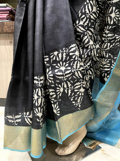 SP24A139 Black Blue Pure Block Print Tussar Silk Saree