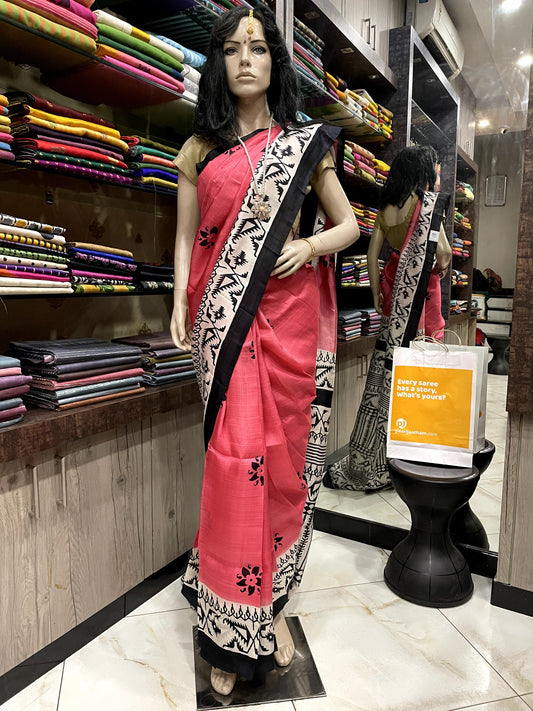 SP24A140 Peach Black Pure Bishnupuri Silk Saree