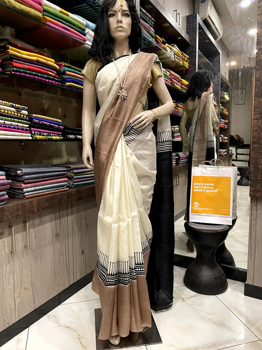 SP24A142 White Brown Pure Bishnupuri Silk Saree