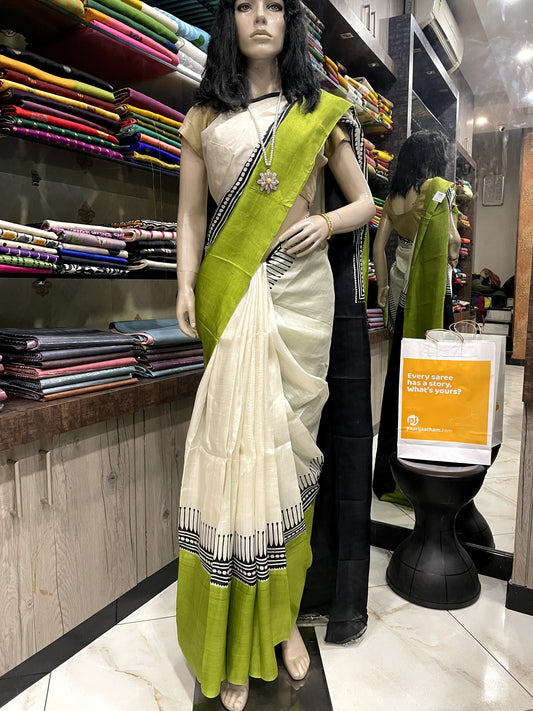 SP24A146 White Green Pure Bishnupuri Silk Saree