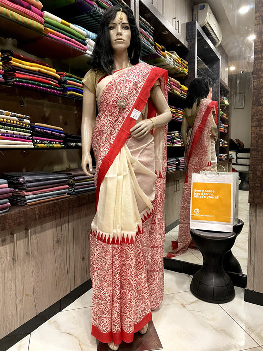 SP24A147 White Red Pure Bishnupuri Silk Saree