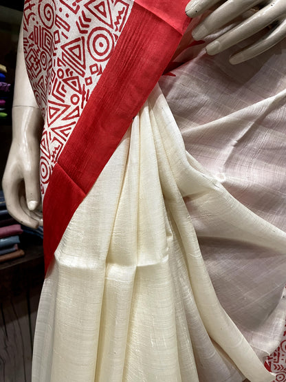 SP24A147 White Red Pure Bishnupuri Silk Saree