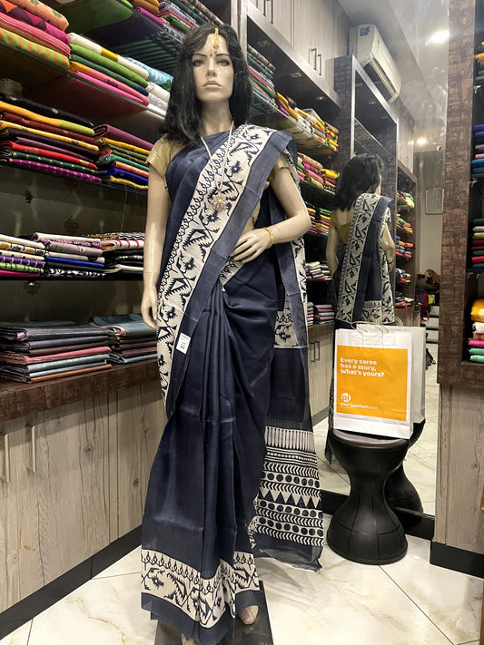 SP24A149 Blue White Pure Bishnupuri Silk Saree