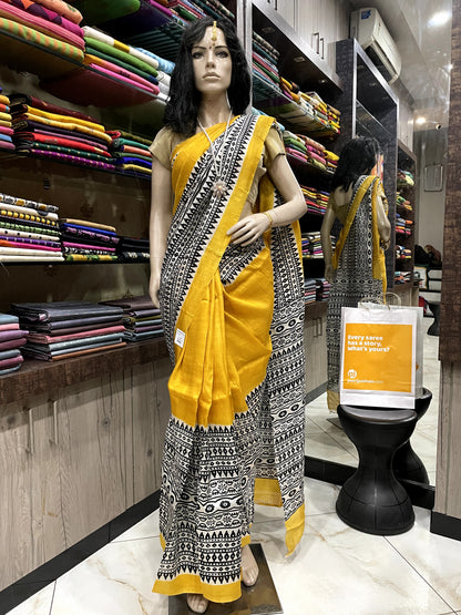 SP24A151 Yellow Black Pure Bishnupuri Silk Saree